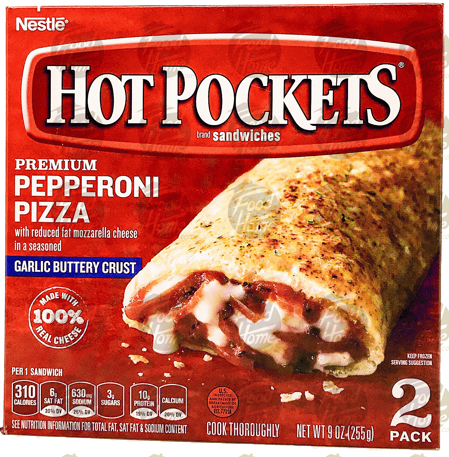 Nestle Hot Pockets premium pepperoni pizza with reduced fat mozzarella cheese in a garlic buttery crust, 2 sandwiches Full-Size Picture